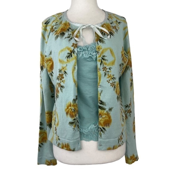 parfait FLORAL PRINT SHEER BACK CARDIGAN WITH W.D.N.Y. SILK SHELL - Picture 2 of 14